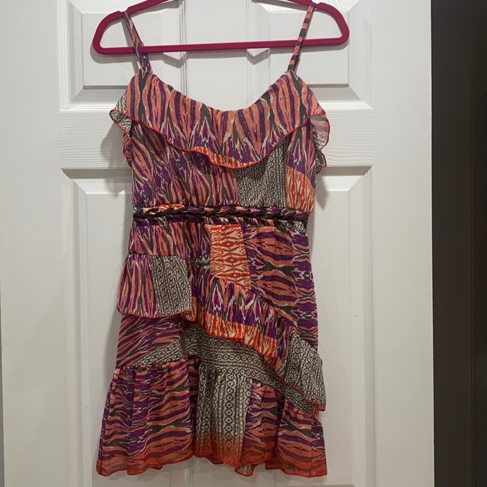 BEBE 2b RUFFLE DRESS XS LEATHER DETAIL-multi-color - Picture 1 of 10